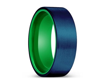 Blauer gebürsteter Ring, flacher Ring, Wolframring, grüner Aluminiumring, Herrenring, Unisex Ring, personalisierter Ring, Versprechensring, Verlobungsring