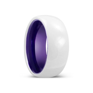 White Ceramic Ring with Purple Inner, Purple Aluminum Ring, White Ceramic Domed Ring, Purple Promise Rings, Purple Orange Wedding Band Ring