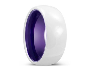 White Ceramic Ring with Purple Inner, Purple Aluminum Ring, White Ceramic Domed Ring, Purple Promise Rings, Purple Orange Wedding Band Ring