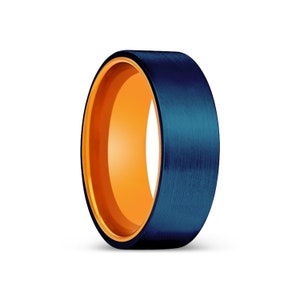 Blue and Orange Aluminum Ring, Blue Flat Tungsten Ring, Orange Tungsten Carbide Ring, Blue Brushed Ring, Two-Color Wedding Ring for Men