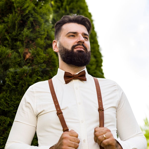 Bretelles en cuir, noeud papillon en cuir, ensemble de garçons d'honneur, personnalisé, accessoires pour hommes, cadeaux de mariage, proposition de garçons d'honneur, mariage