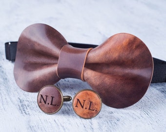 Personalized bow tie and cufflinks, Leather Bow Tie, Gift for him, Bow tie for men, Shell Cordovan, wedding bow tie, personalized cufflinks