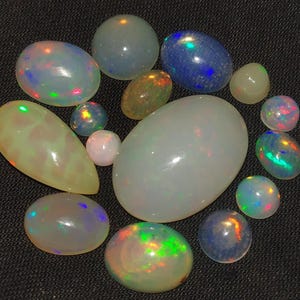 May include: A collection of 14 opal cabochons in various shapes and sizes. The opals are a mix of white, clear, and iridescent colors.