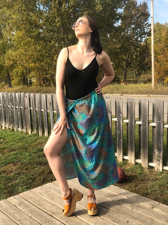 1970's Boho Peacock Feather Print Skirt