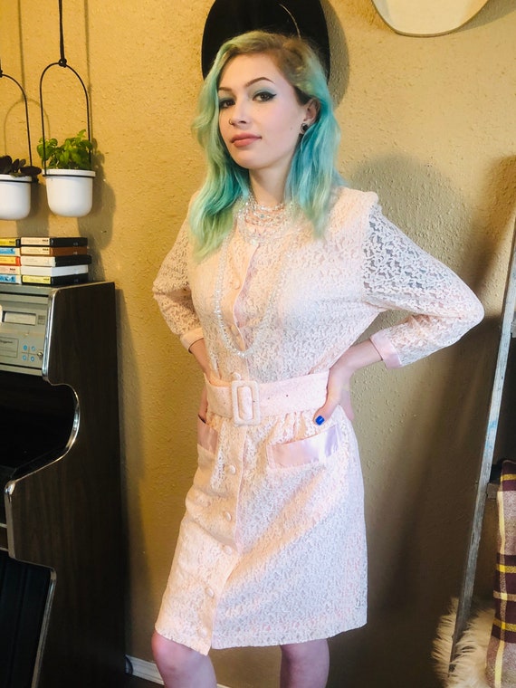 Pink Lace Dress - Vintage belted dress