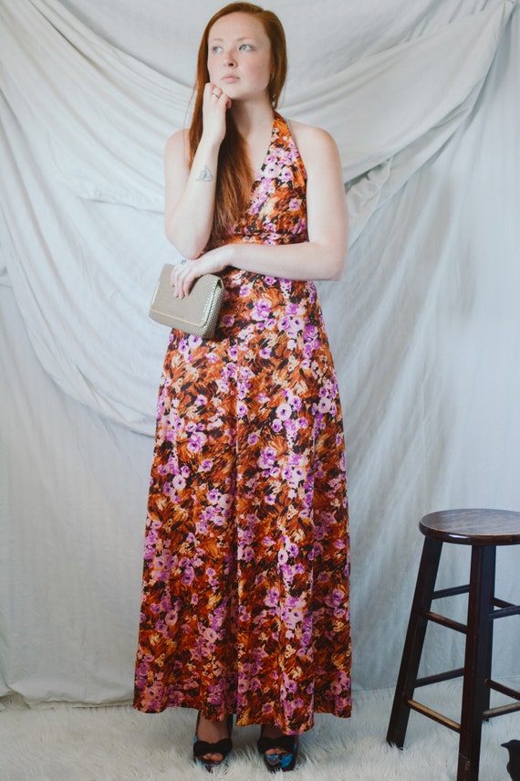 1970s Halter Maxi Boho Dress - Floral Print