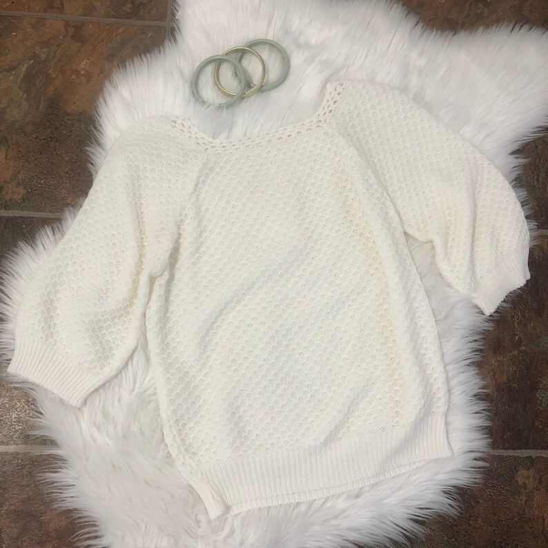 Vintage White Hand Knit Peasant Top with Short Sleeves