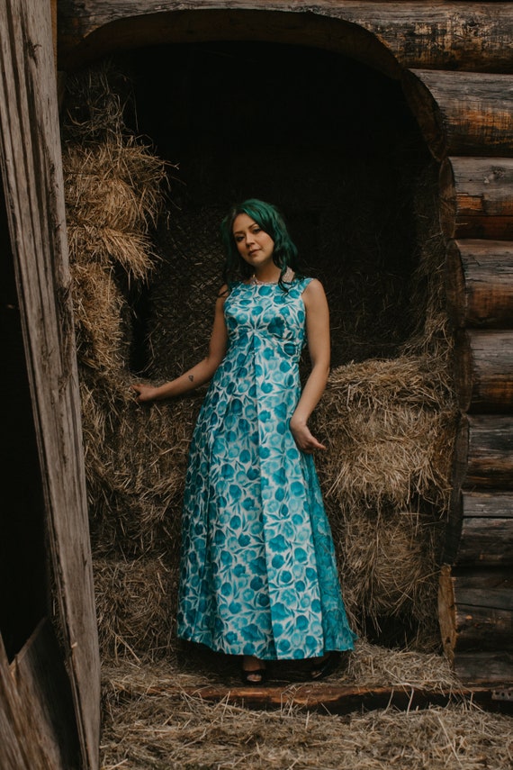 1960's Floral Evening Gown - Teal and White Floral