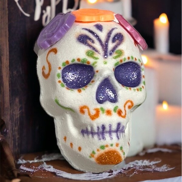 Dia De Los Muertos Sugar Skull Bath Bomb with Glycerin Soap Flowers