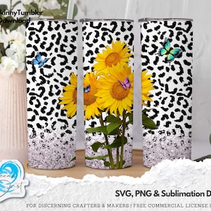 Sunflower Tumbler PNG, Spring Tumbler Wrap for 20oz Skinny Tumbler, Leopard Print PNG, Tumbler Digital PNG, Sunflowers, Butterfly, Glitter