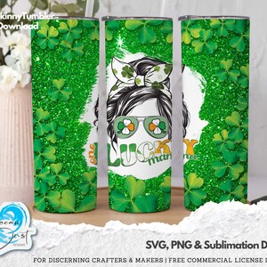 Emballage pour verre de la Saint-Patrick, design Lucky Mama, verre skinny sublimation 20 oz, Saint-Patrick, verre trèfle, paillettes