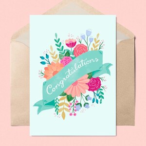 Florale Glückwunschkarte 15x7" (Florale Illustration, Hochzeit, Abschluss, Beste Wünsche, Schriftzug)