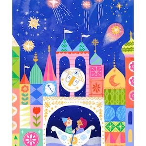 Op de afbeelding: Een kleurrijke illustratie van een kasteel met een klokkentoren en een stel in een boot. Het kasteel is versierd met geometrische patronen en bloemen. De lucht is blauw met sterren en vuurwerk.