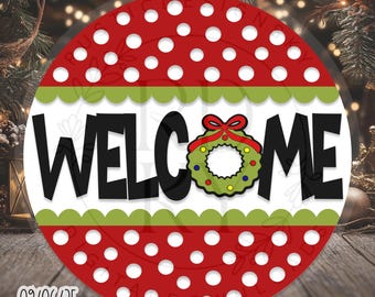 SVG/PNG-Welcome with Funky Wreath and PolkaDot Pattern Christmas Design-Cricut|DigitalDownload|Christmas|DoorHangerDesign-LaserReadyFile