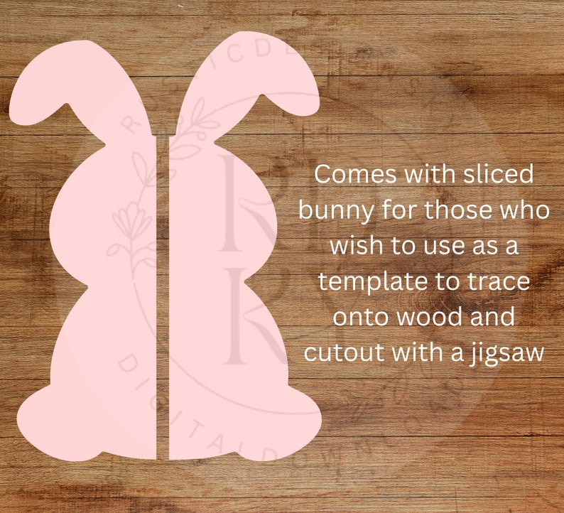 May include: Two-piece, light pink bunny template for crafting. The text reads: "Comes with sliced bunny for those who wish to use as a template to trace onto wood and cutout with a jigsaw."