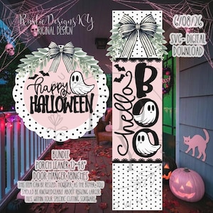 May include: A digital design bundle featuring a round sign with the text Happy Halloween and a rectangular porch sign with the text Hello Boo. Both designs include ghost illustrations, black and white striped bows, and black polka dot patterns on pink.