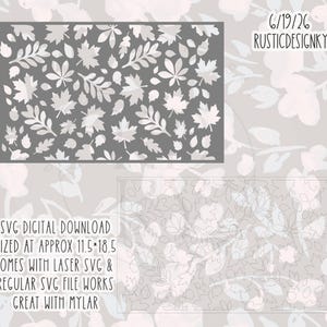 Op de afbeelding: Een rechthoekig sjabloonontwerp met een dicht patroon van diverse herfstbladeren, waaronder esdoorn- en eikenvormen. De afbeelding bevat de tekst 6/19/26 RUSTICDESIGNKY en SVG DIGITAL DOWNLOAD SIZED AT APPROX 11.5*18.5 COMES WITH LASER SVG & REGULAR SVG FILE WORKS GREAT WITH MYLAR.