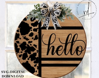 SVG/PNG- Hello with Cowprint/Hide Pattern Line Design-Cricut|DigitalDownload