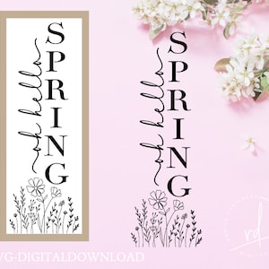 May include: A black and white SVG digital download of a sign that says "Oh hello spring" with a floral design at the bottom.