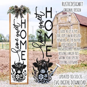 SVG/PNG-Home Sweet Home with Floral Highland Cow Porch Leaner Design-Cricut|DigitalDownload-NOT A Laser File.