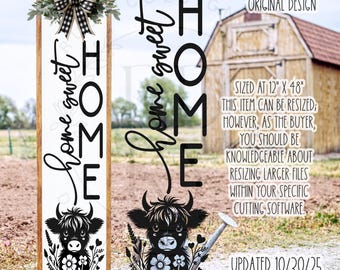 SVG/PNG-Home Sweet Home with Floral Highland Cow Porch Leaner Design-Cricut|DigitalDownload