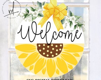 SVG/PNG- Welcome with Layered Half Sunflower Design-Cricut|DigitalDownload|Summer