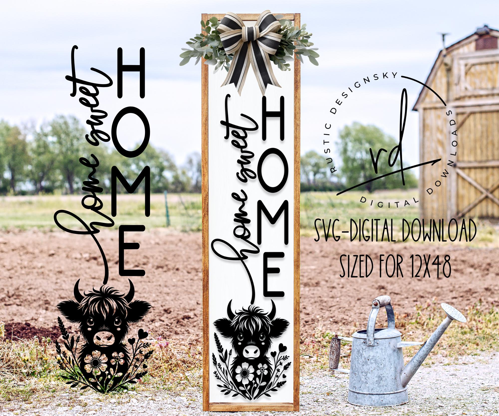 SVG/PNG-Home Sweet Home with Floral Highland Cow Porch Leaner Design-Cricut|DigitalDownload