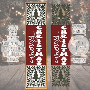 Puede incluir: Letrero navideño de madera con un panel central rojo con las palabras "Merry Christmas" en escritura blanca. Los paneles superior e inferior tienen un diseño de árbol de Navidad verde. El letrero mide 30.5 x 122 cm.