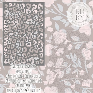 May include: Two leopard print stencils, one solid and one outline, for crafting. The stencils are sized at 11.5 x 17 inches. The image includes text that says "SVG-DIGITAL DOWNLOAD" and "BEST CUT ON MYLAR STENCIL FILM".