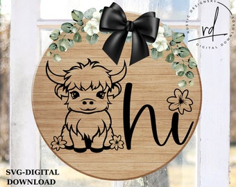 SVG/PNG- Hi with Highland Cow-Cricut|DigtialDownload