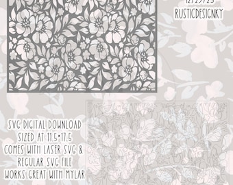 May include: A gray floral SVG digital download, sized at 29.2 x 44.5 cm, featuring a detailed flower and leaf design. Includes laser SVG and regular SVG files, suitable for use with mylar. The text "RUSTICDESIGNKY" and the date "12/29/25" are also visible.