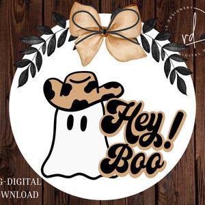 SVG/PNG-Ghost wearing Cowprint Cowboy Hat Hey Boo Retro-Cricut|DigitalDownload|LayeringFile|Halloween