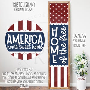 May include: A patriotic wooden sign with a red, white, and blue color scheme. The sign features the words "HOME of the free" and "AMERICA home sweet home." The sign is sized at 12" x 48".