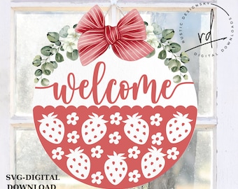 SVG/PNG- Welcome with Strawberry and Daisy Pattern-Cricut|DigitalDownload