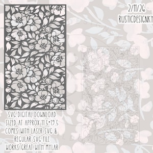 Puede incluir: Descarga digital SVG de diseño floral gris, de aproximadamente 29.2 x 49.5 cm. El diseño presenta un patrón detallado de flores y hojas. Incluye archivos SVG láser y SVG regulares. El texto "RUSTICDESIGNKY" y "2/11/26" son visibles.