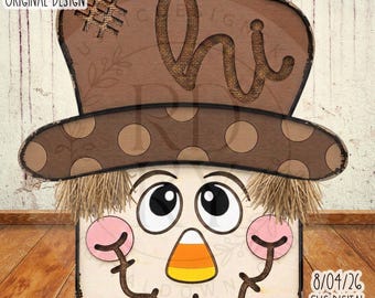 May include: A wooden scarecrow sign featuring a brown hat with polka dots and the word hi, a candy corn nose, stitched mouth, and straw-like hair. The text RUSTICDESIGNKY ORIGINAL DESIGN, DESIGN EXAMPLE, and 8/04/26 SVG DIGITAL DOWNLOAD are visible.