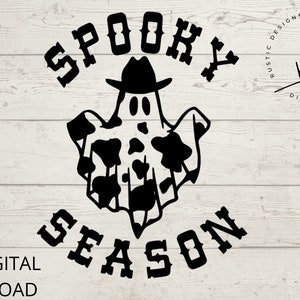 May include: Black and white graphic design of a ghost wearing a cowboy hat with the text "Spooky Season" above and below the ghost.