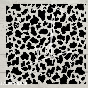 May include: Black and white cow print pattern. The pattern is made up of irregular black spots on a white background.