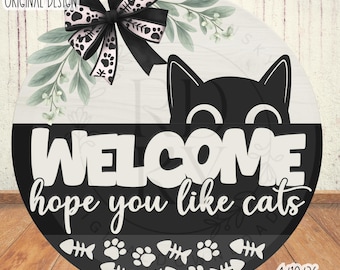 SVG/PNG - Benvenuto Spero che ti piacciano i gatti con un disegno di un gatto che sbircia - Cricut/Download digitale - LaserSVG