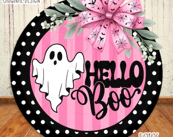 SVG/PNG-Hello Boo, Polka Dot and Stripe Pattern with Layered Ghost-Cricut|DigitalDownload|Doorhangerdesign|Fall-LaserReadyFile