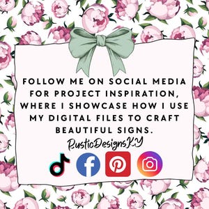May include: A digital art graphic with a floral background of pink peonies and green leaves. A white rectangle with text and a green bow is centered on the image. The text reads "FOLLOW ME ON SOCIAL MEDIA...BEAUTIFUL SIGNS."