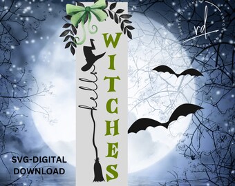 May include: A digital download of a Halloween-themed door sign with the word "witches" written vertically in green letters. The sign also features a silhouette of a witch flying on a broomstick with a hat.
