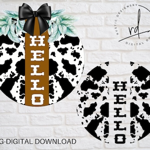SVG/PNG - Design de cabide de porta com estampa de couro bovino Hello | Cricut | Download digital