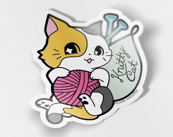 Knitty Calico Cat Vinyl Sticker Decal for Laptop Car Bumper Water Bottle Waterproof Cats Kitty Kitten Cute Stickers Tabby Knit Knitting Yarn