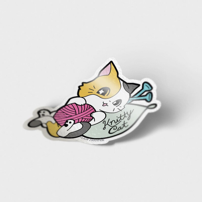 Knitty Calico Cat Vinyl Sticker Decal for Laptop Car Bumper Water Bottle Waterproof Cats Kitty Kitten Cute Stickers Tabby Knit Knitting Yarn