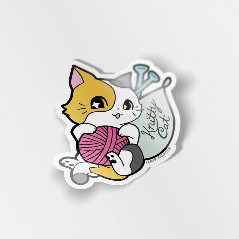 Knitty Calico Cat Vinyl Sticker Decal for Laptop Car Bumper Water Bottle Waterproof Cats Kitty Kitten Cute Stickers Tabby Knit Knitting Yarn