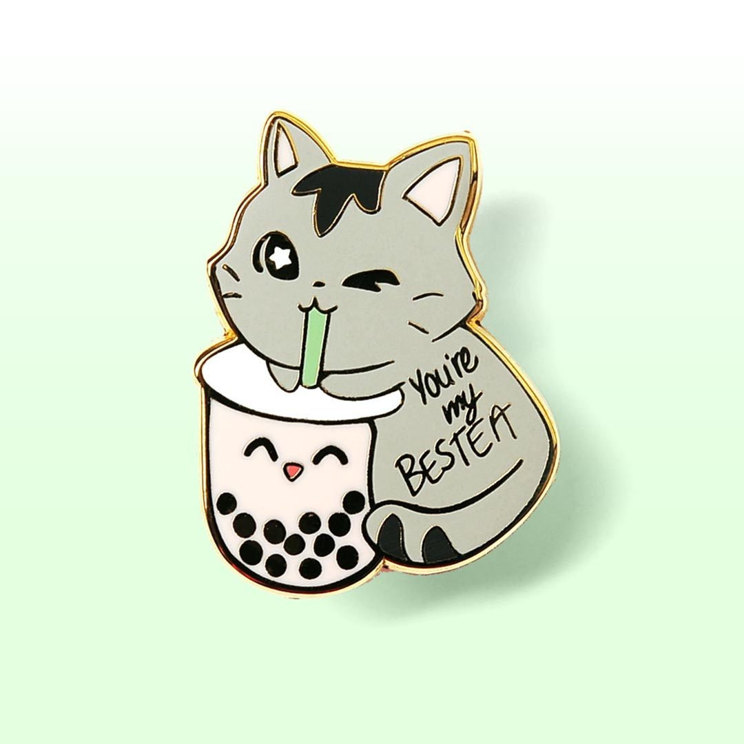 Cute Boba Cat Enamel Pin Gift for Best Friend Bubble Tea Hard Enamel