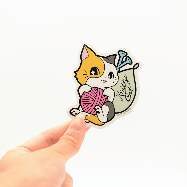 Knitty Calico Cat Vinyl Sticker Decal for Laptop Car Bumper Water Bottle Waterproof Cats Kitty Kitten Cute Stickers Tabby Knit Knitting Yarn