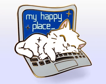 My Happy Place Laptop Russian White Cat Hard Enamel Pin Gold Lapel Pins Badge Cute Kawaii Gift Ita Bag Waterproof Vinyl Sticker Holographic