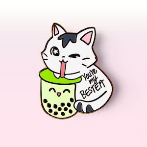 Boba Cat Hard Enamel Pin Matcha Green Tea Lapel Pins Bubble Tea Cute Keychain Waterproof Vinyl Stickers Gift for Bestie Best Friend Gift